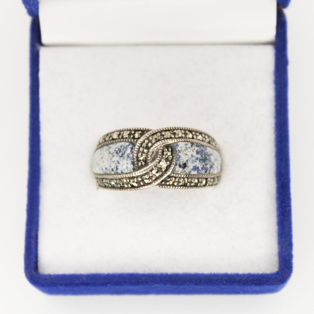 925 Sterling Silver Inlay Blue Stone Marcasite VTG Twist Ring Southwestern Style